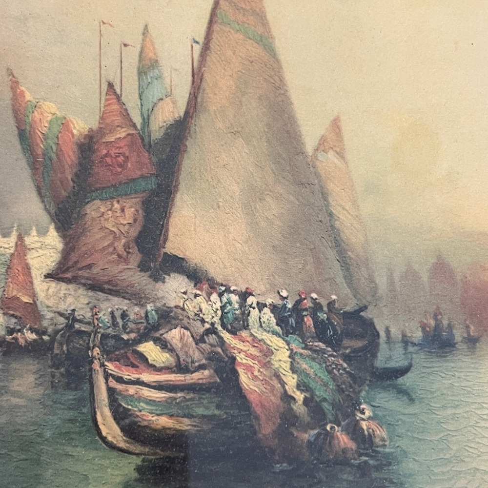 Framed Venetian Harbor Sailboat Painting in Teal and Gold - Picture 3 of 12
